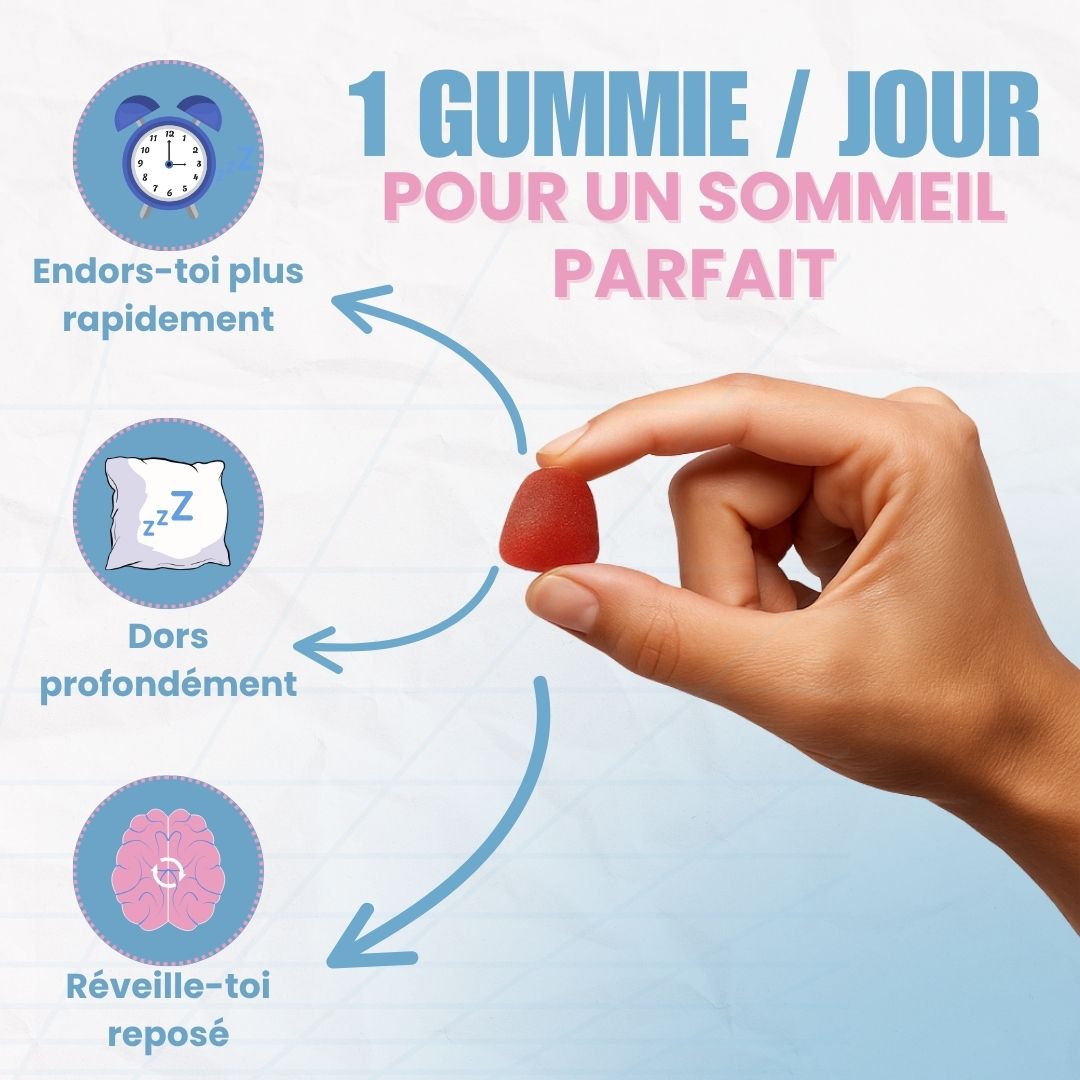 Main tenant un gummy DreamyGum rouge – 1 gummie par jour pour un sommeil profond – aide à s'endormir vite – réveil reposé – complément naturel sommeil