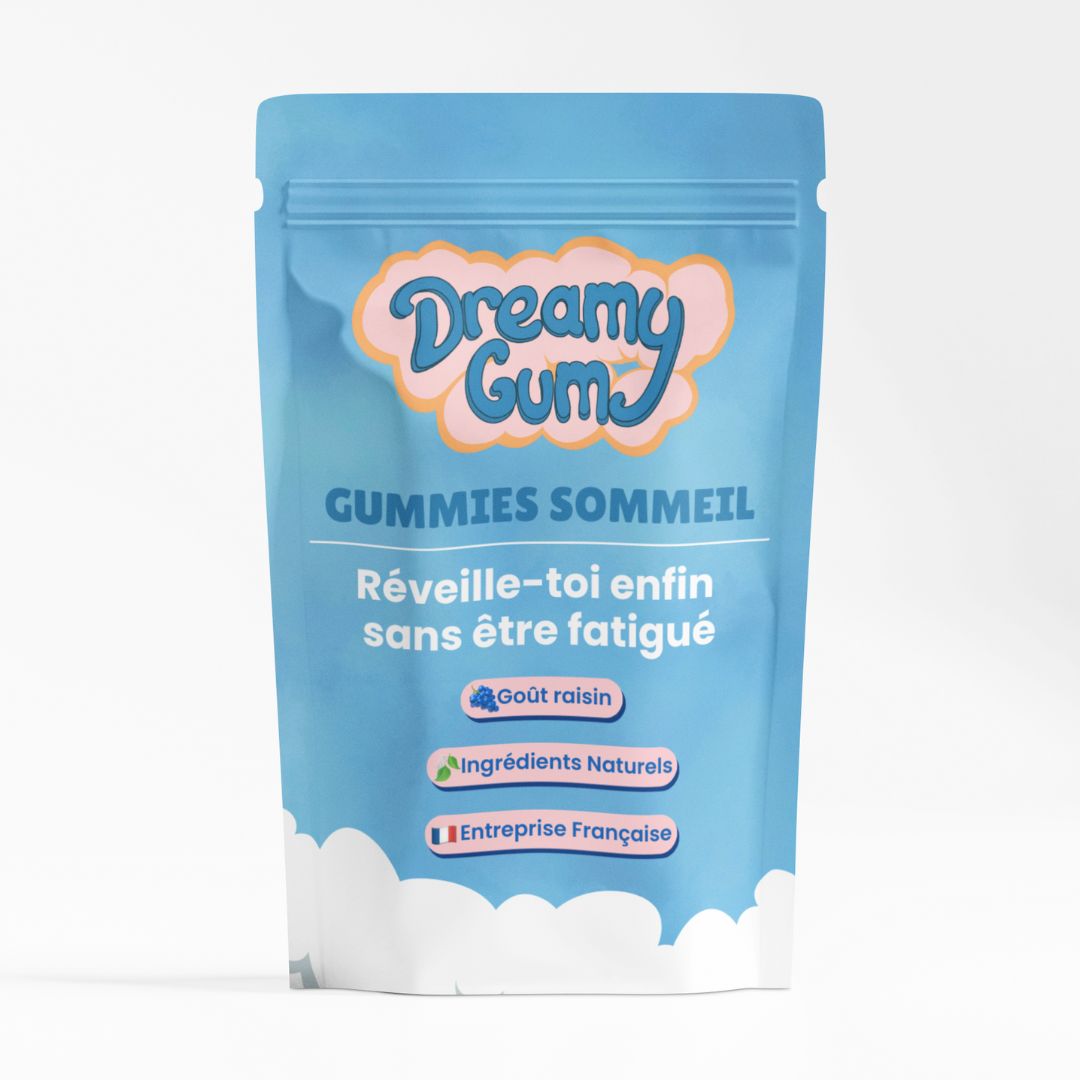 Gummies sommeil DreamyGum goût raisin – sachet bleu debout – ingrédients naturels – entreprise française – sans sucre – aide à mieux dormir naturellement