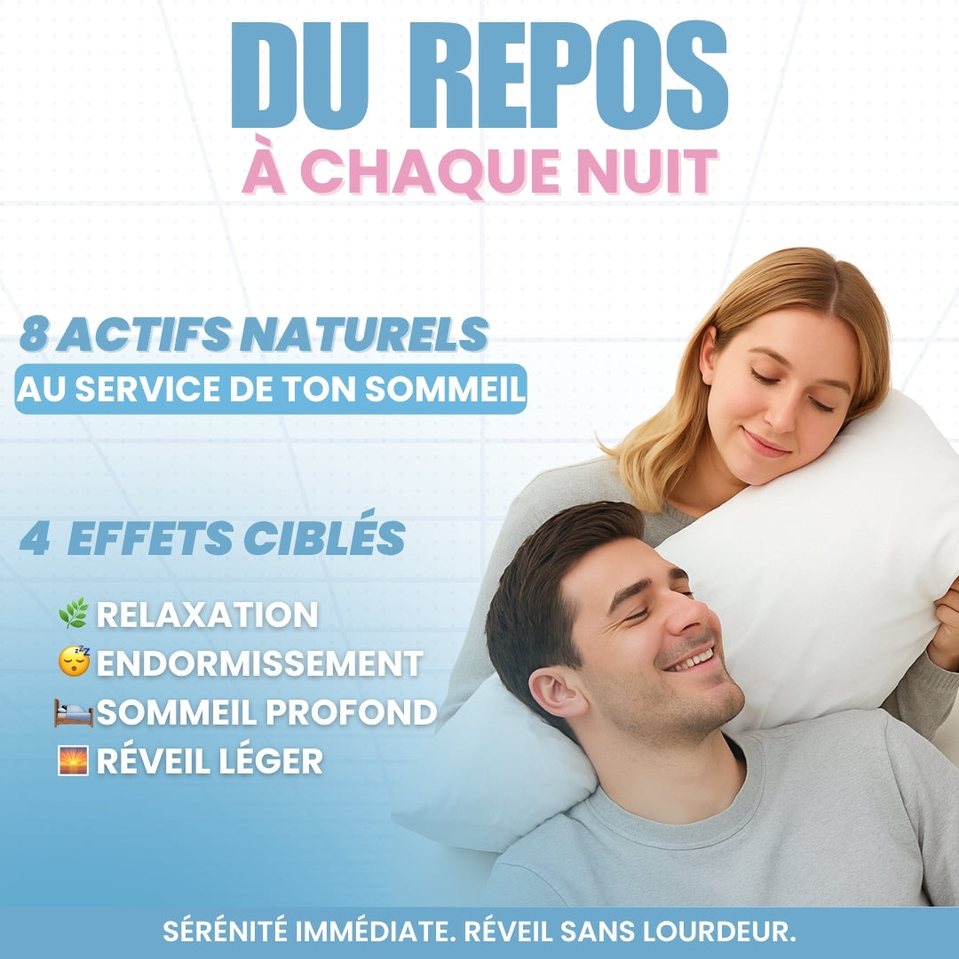 Couple souriant allongé avec oreiller – promesse de sommeil réparateur avec DreamyGum – 8 actifs naturels – relaxation, endormissement, sommeil profond, réveil léger