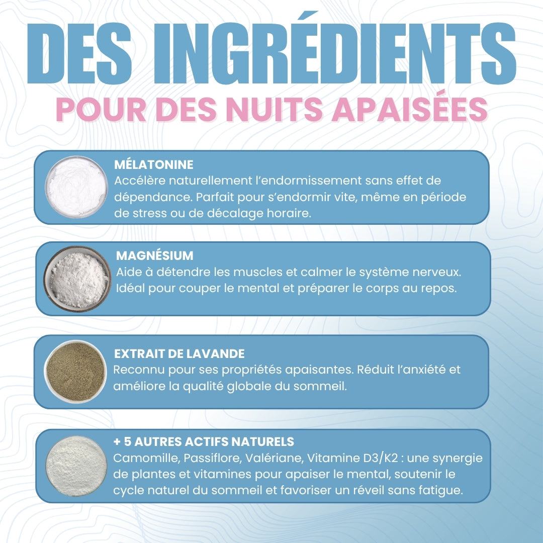 Ingrédients naturels des gummies sommeil DreamyGum – Mélatonine, Magnésium, Lavande, Camomille, Valériane – pour des nuits apaisées et un endormissement rapide