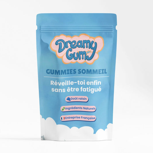 Gummies sommeil DreamyGum goût raisin – sachet bleu debout – ingrédients naturels – entreprise française – sans sucre – aide à mieux dormir naturellement